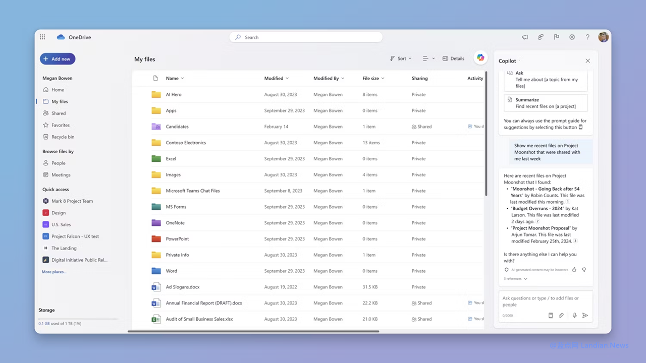 微软将推出Copilot for OneDrive 可以对话式查询内容并总结等