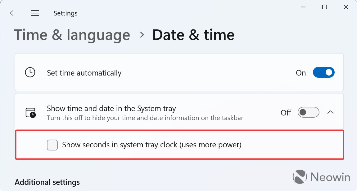 微软将Windows 11显示秒数设置从任务栏挪到了时间和日期设置中