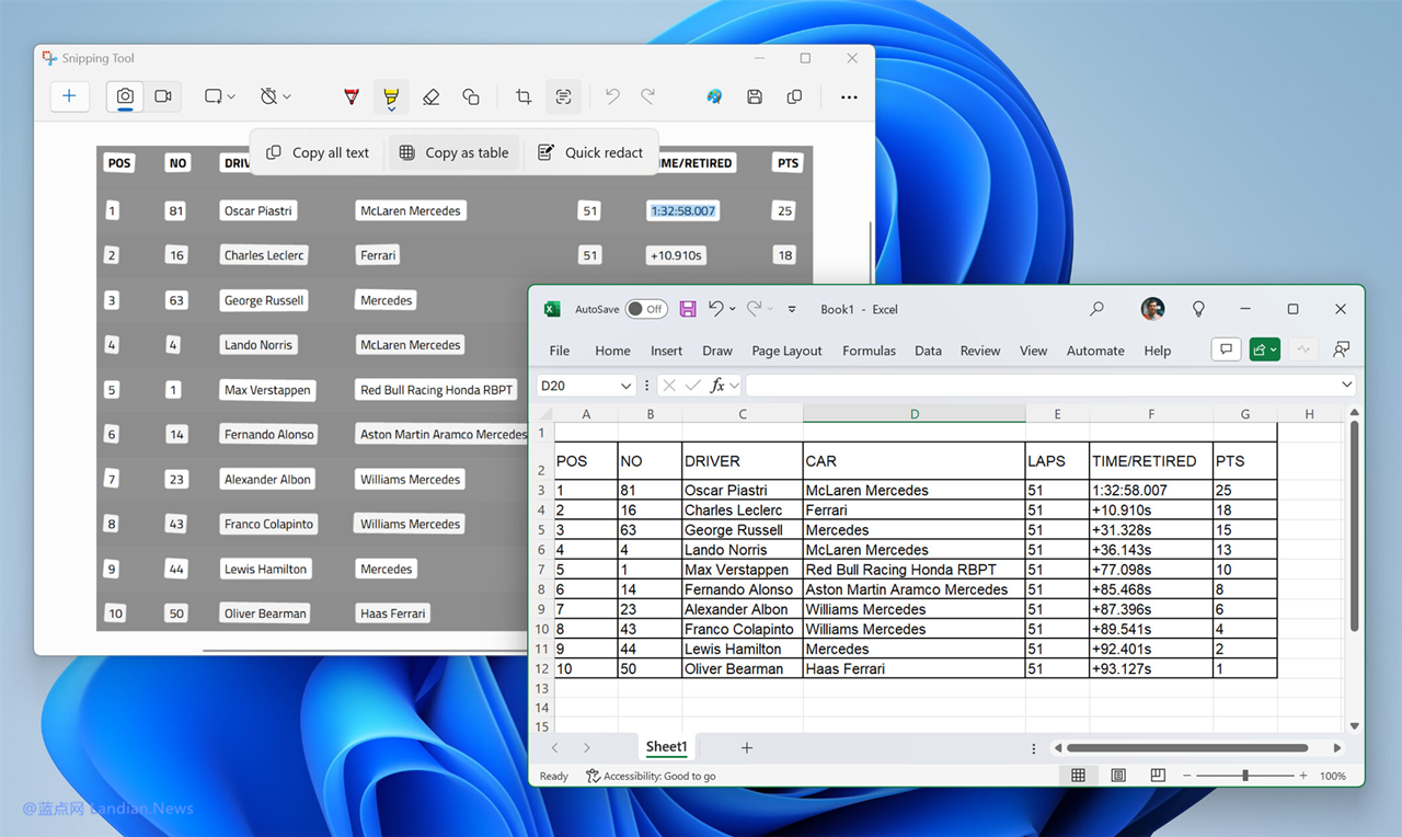 这也能OCR识别？Windows 11截图工具截取表格图后可以复制到Excel