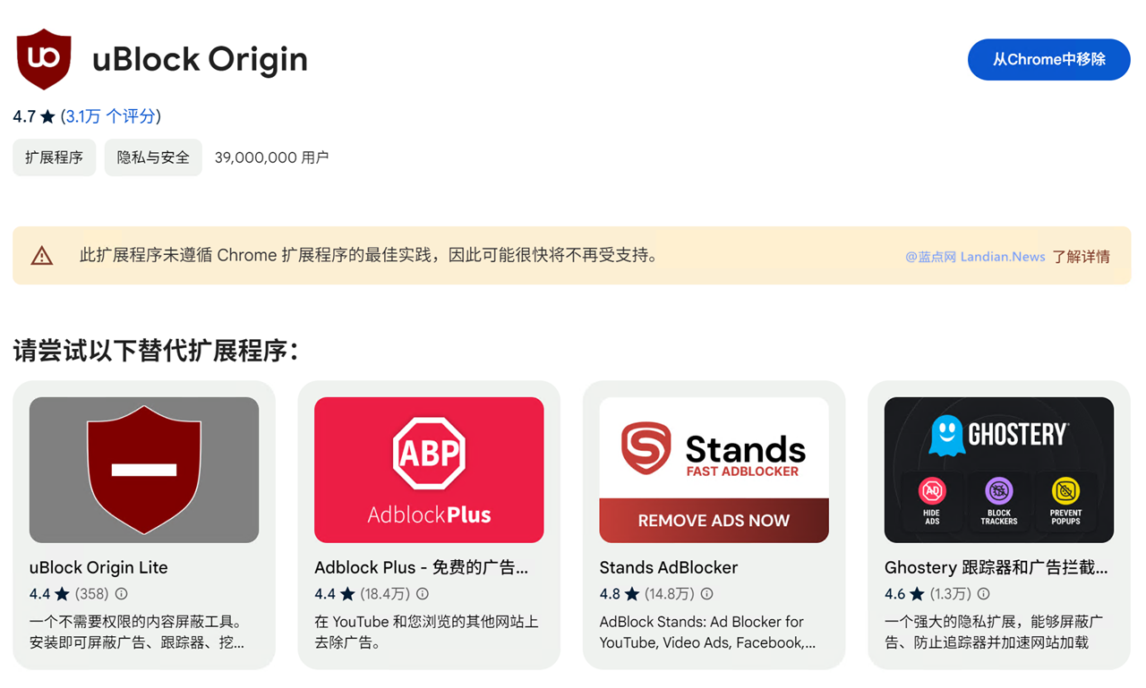 Chrome浏览器商店开始警告uBlock Origin等广告拦截程序将被删除